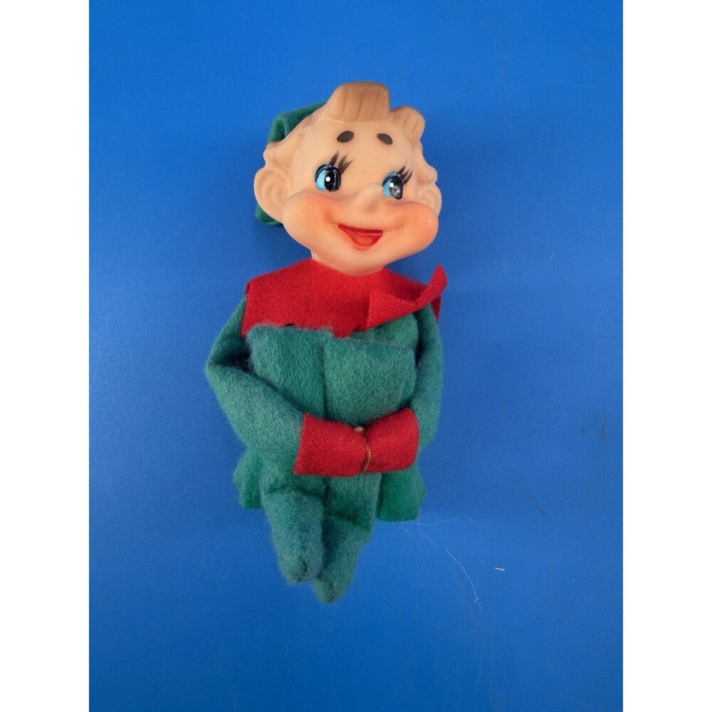Vintage 50’s Knee Hugger Pixie Elf Christmas Ornaments Plastic Face Red Green